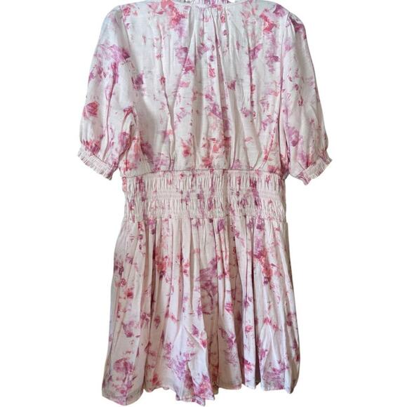 Pink & White Floral Dress Ruffled Neckline Smocked Waist Puff Sleeves, Romantic - Picture 2 of 7